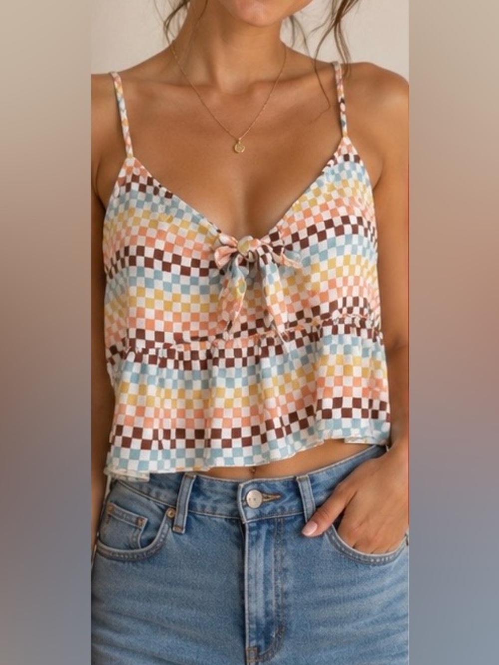 Papaya Multi-Color Checkerboard Tie-Front Babydoll Blouse